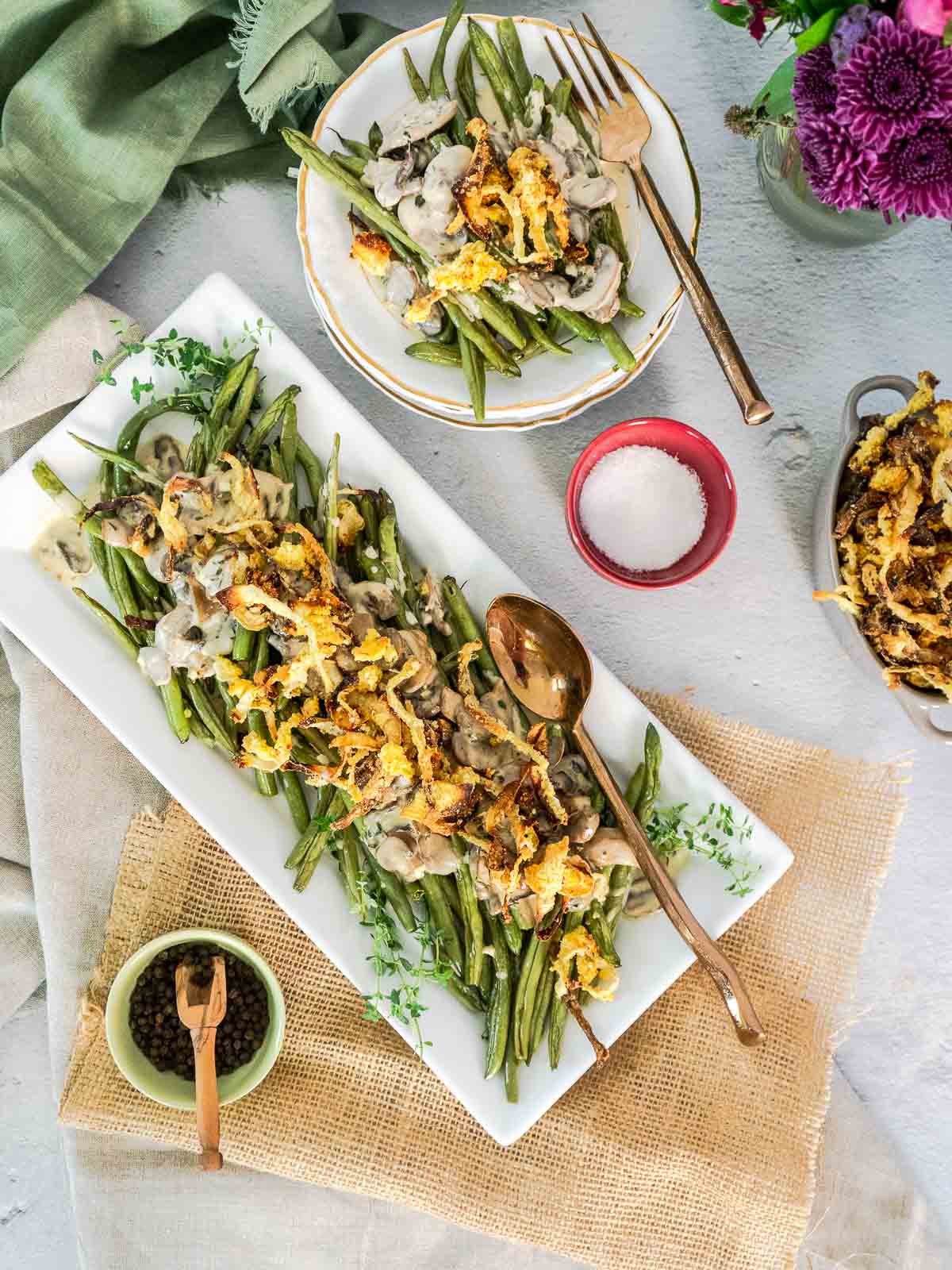 fried onions o top of gluten free green bean casserole