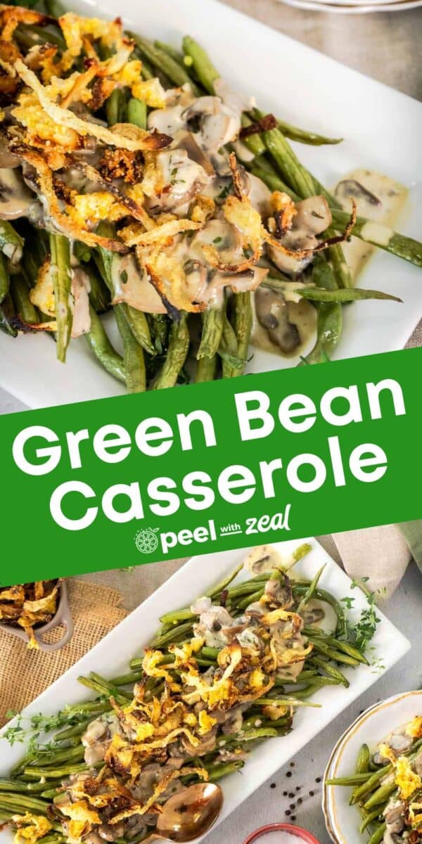 Modern green bean casserole topped with crispy onions and mushroom sauce, served on a white rectangular dish.