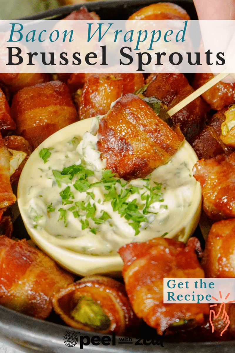 On a plate sit bacon-wrapped Brussels sprouts, with one irresistibly dipped into a creamy sauce adorned with parsley. A card beckons: "Get the Recipe.