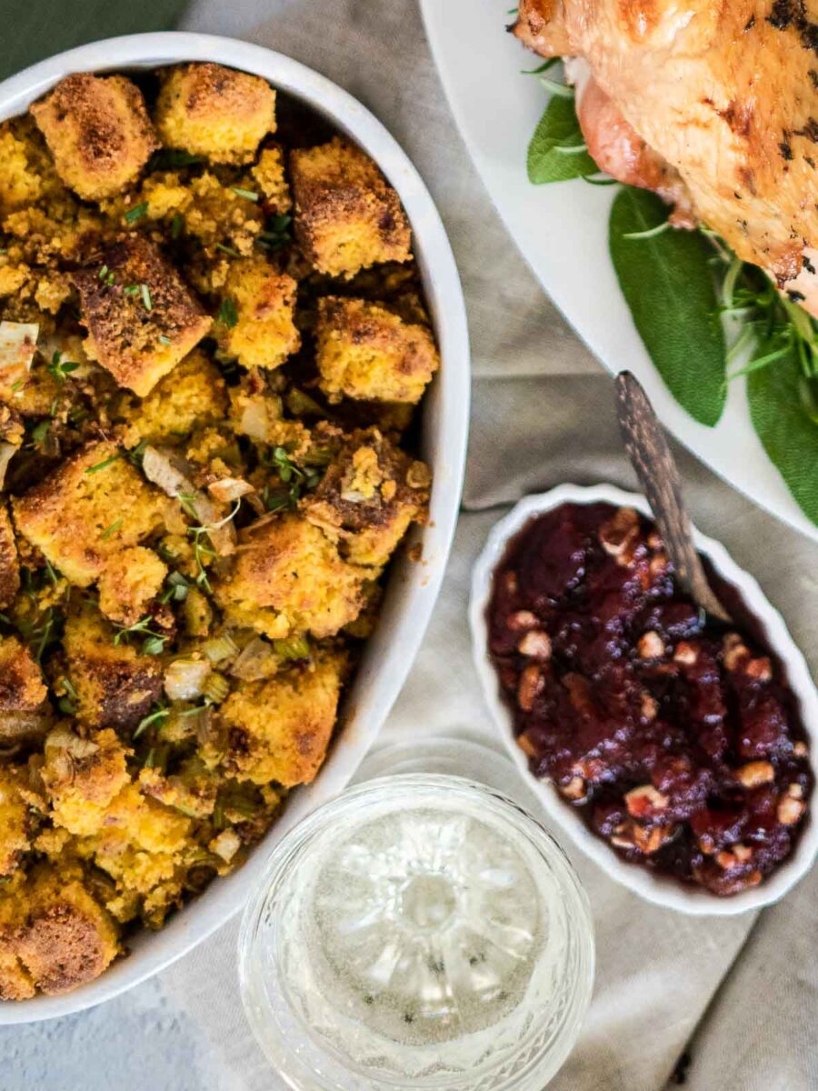conbread dressing and cranberry sauce on table