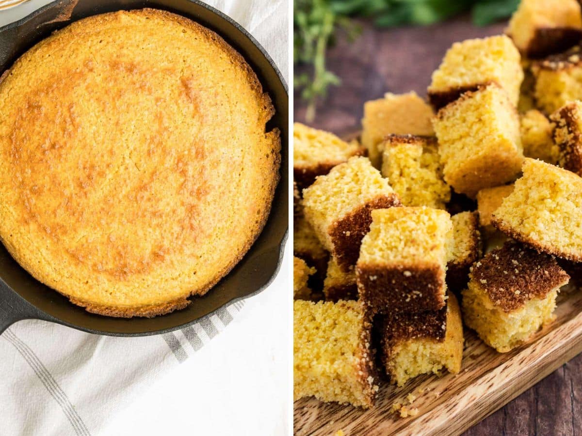 A round gluten-free cornbread stuffing in a cast iron skillet sits on the left; cubes of cornbread are stacked on a wooden board to the right.