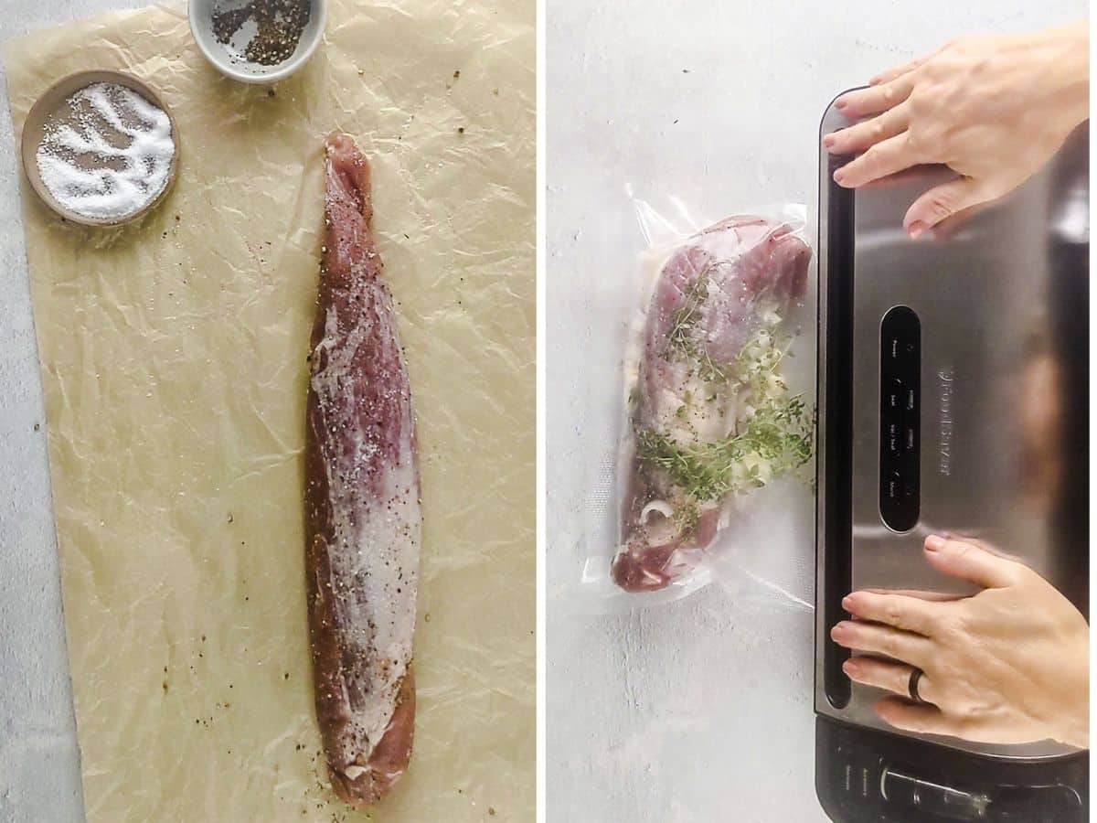 A raw seasoned sous vide pork tenderloin on parchment next to salt; hands vacuum sealing the pork with sprigs of herbs in a plastic bag using a vacuum sealer.