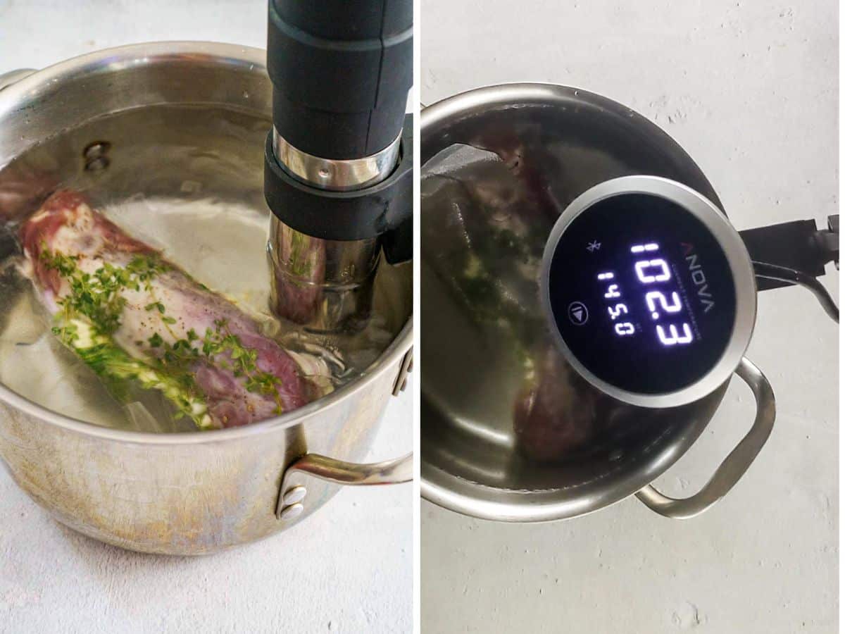 A sous vide machine cooking a vacuum-sealed sous vide pork tenderloin with herbs in a pot of water, the temperature set to 102.3&deg;F on the digital display.