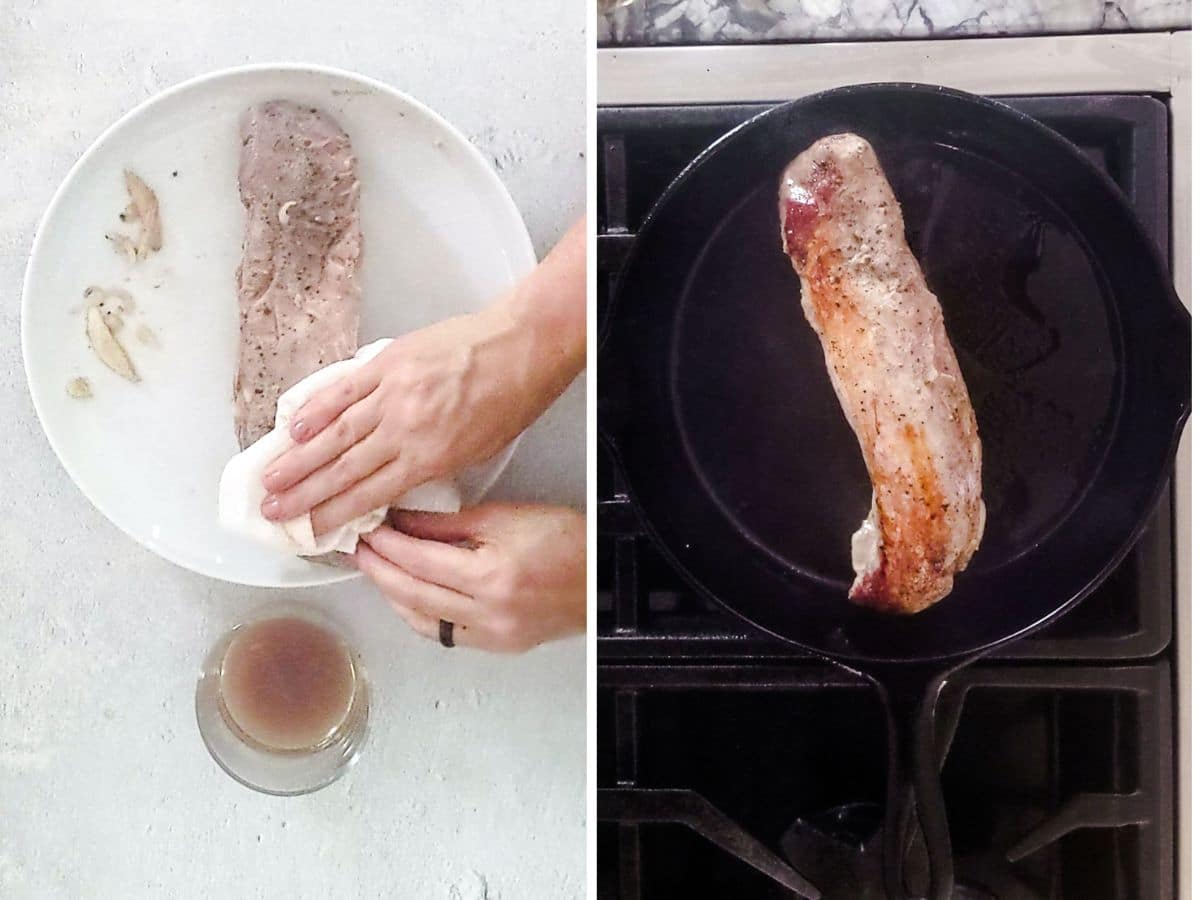 A person pats a cooked sous vide pork tenderloin dry on a plate; next to it, the tenderloin is shown browning in a cast-iron skillet on the stove.