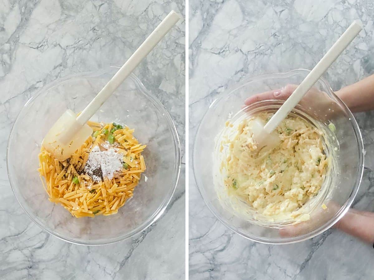 Two side-by-side images show a clear bowl with shredded cheese, green onions, seasonings, and a spatula on the left, and the same ingredients for crustless tomato pie mixed together on the right.