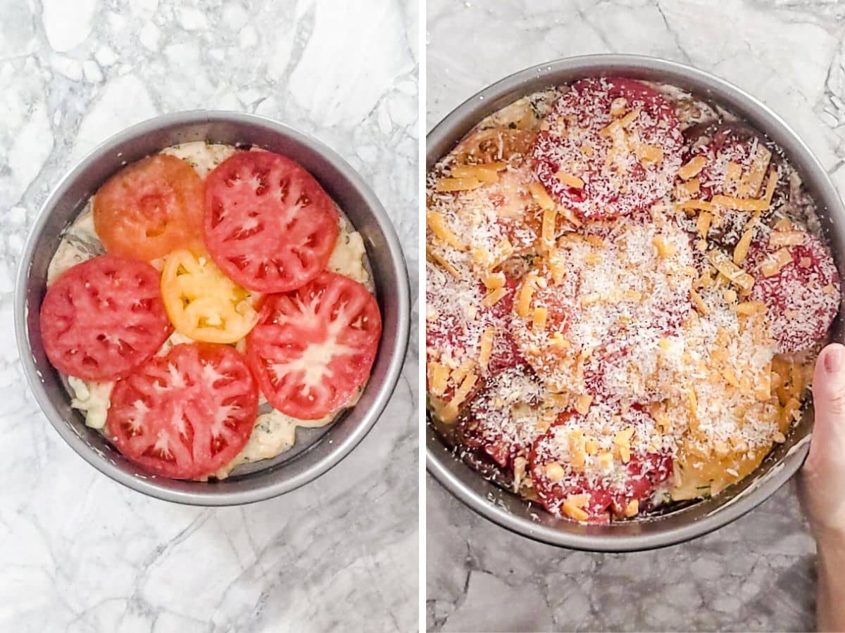 Two images side by side show a crustless tomato pie: on the left, unbaked with sliced tomatoes on top; on the right, topped with shredded cheese and grated parmesan, all set on a marble countertop.