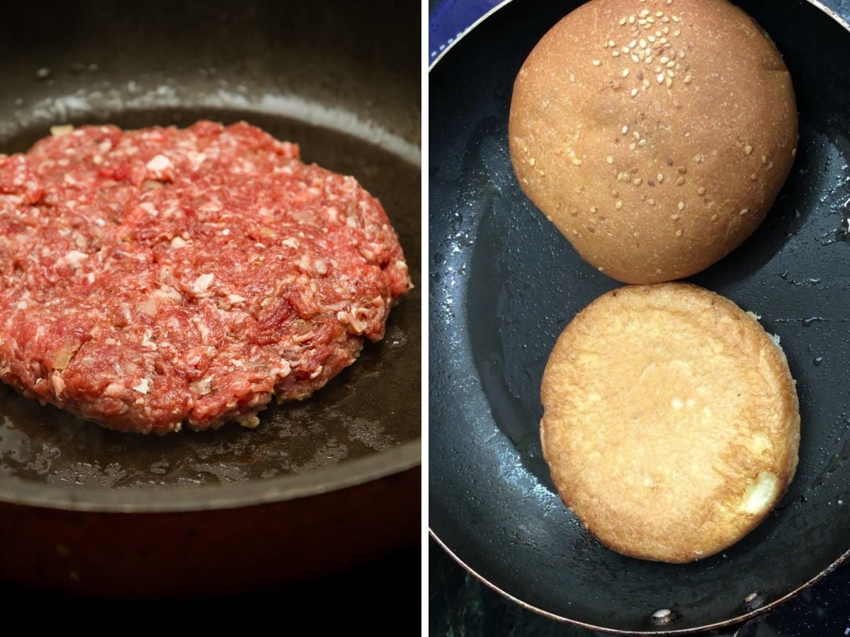 Split image showing raw wagyu burger patty cooking in a pan on the left, and two halves of a hamburger bun toasting in a pan on the right.