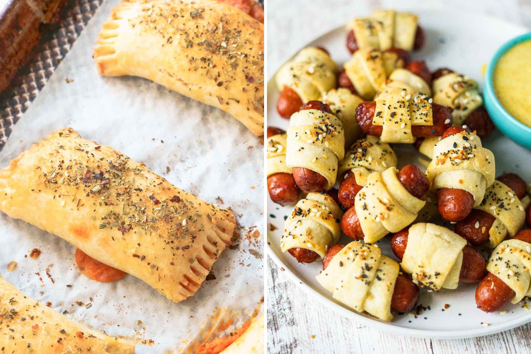 Two types of baked snacks on a tray: on the left, hand pies sealed with fork crimps; on the right, gluten free crescent roll pigs in a blanket, small sausages wrapped in pastry, seasoned with herbs and served with a dip.