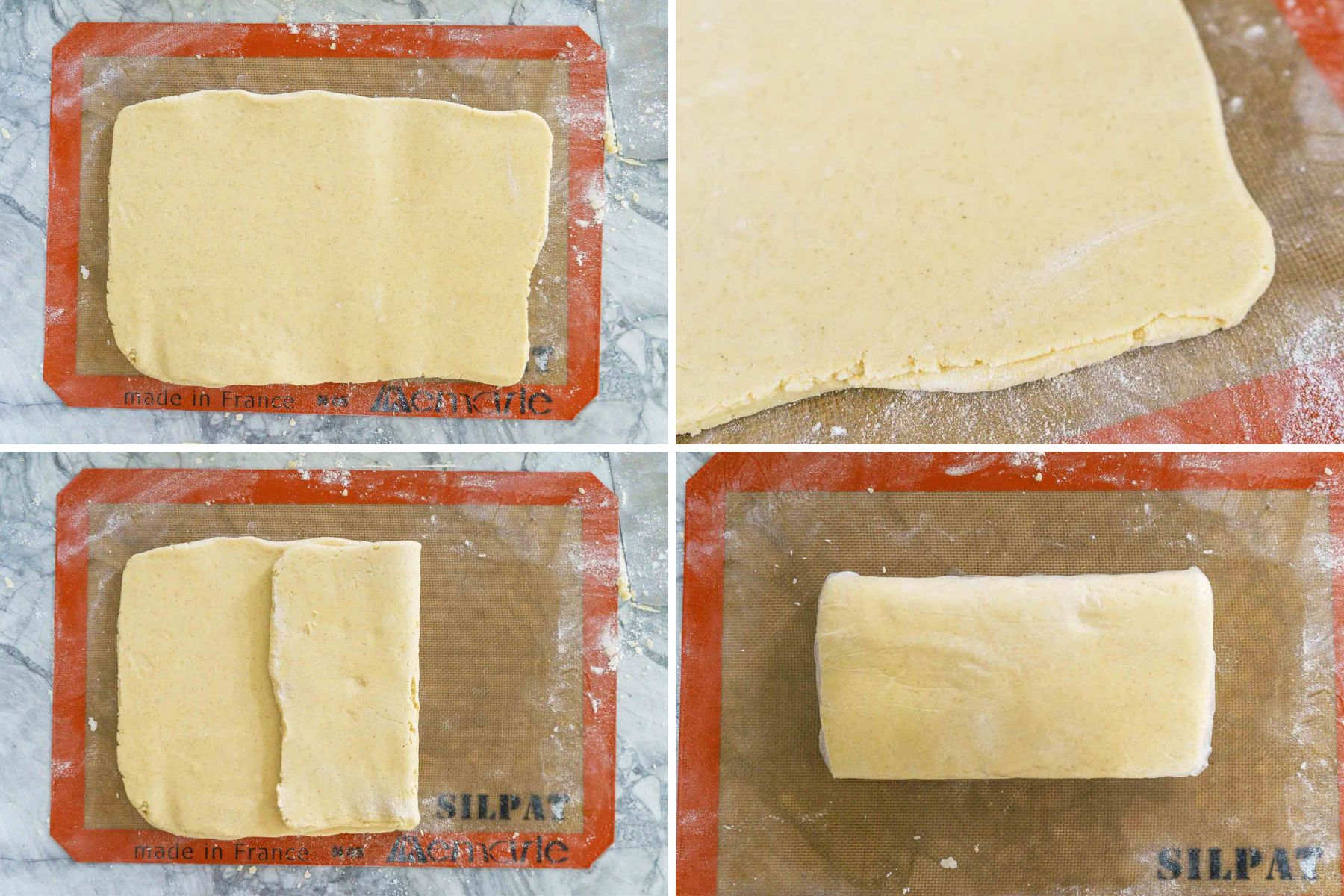 Four-step image showing gluten-free crescent rolls being folded and prepared on a silicone baking mat.