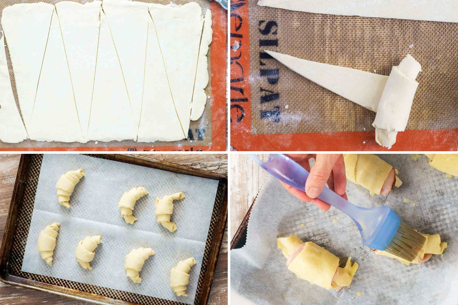 A four-panel image showing the process of making gluten-free crescent rolls: dough cut into triangles, dough rolled up, rolls on a baking sheet, and rolls being brushed with a liquid.