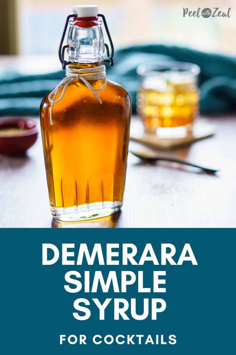 demerara syrup with whiskey cocktail in background