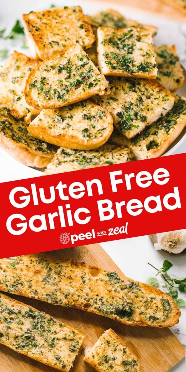 Slices of gluten free garlic bread topped with herbs are arranged on a wooden board, highlighted by a red banner that reads "Gluten Free Garlic Bread" across the image.