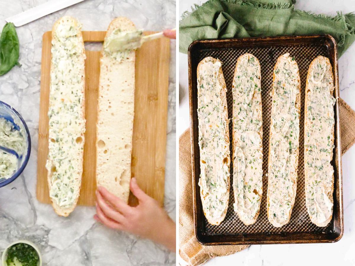 Two images: left shows a hand spreading herb butter on sliced bread; right shows four halves of gluten free garlic bread topped with herb butter on a baking sheet.