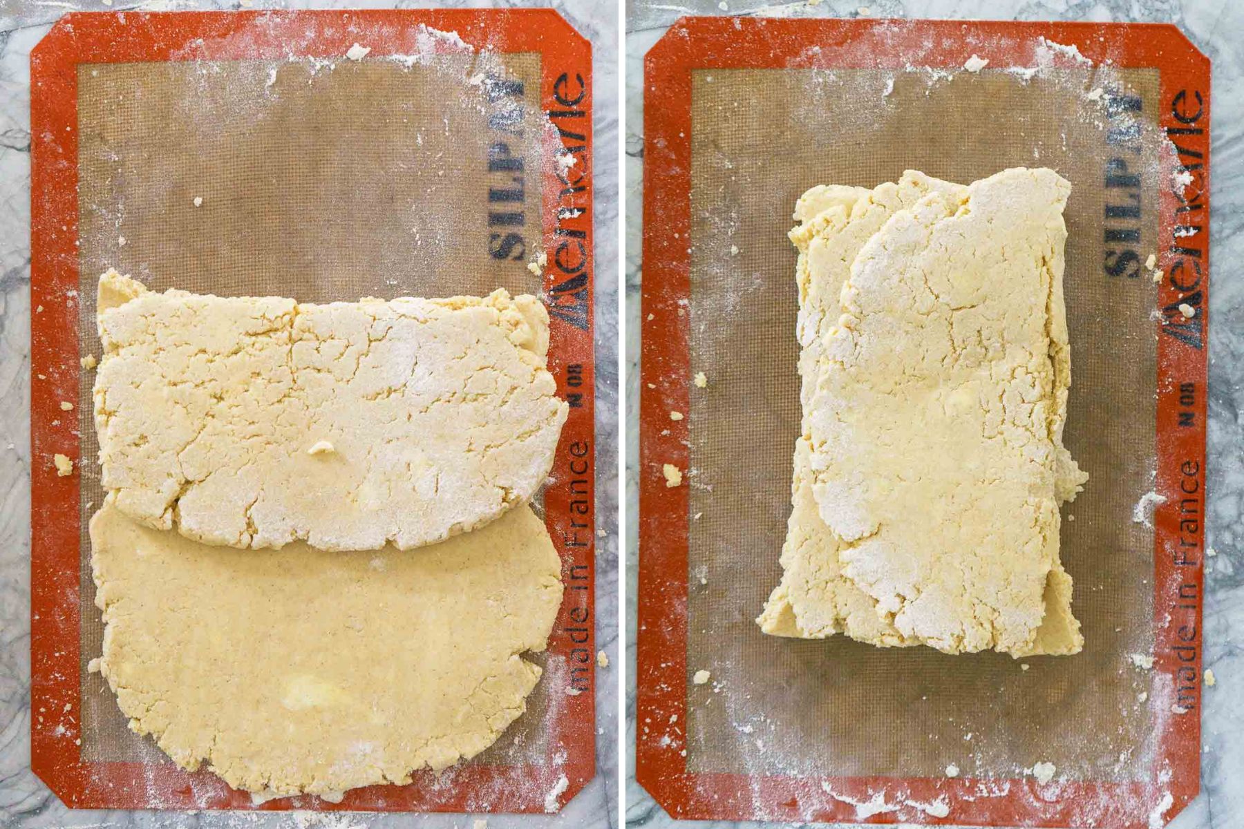 Two images of dough on a silicone mat, demonstrating the folding process. The dough for gluten free crescent rolls is being folded vertically in the first image and horizontally in the second image.