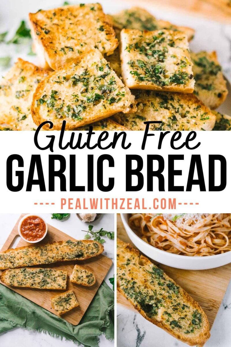 Slices of gluten free garlic bread garnished with herbs, plated on a cutting board with marinara sauce, and served alongside a plate of pasta.