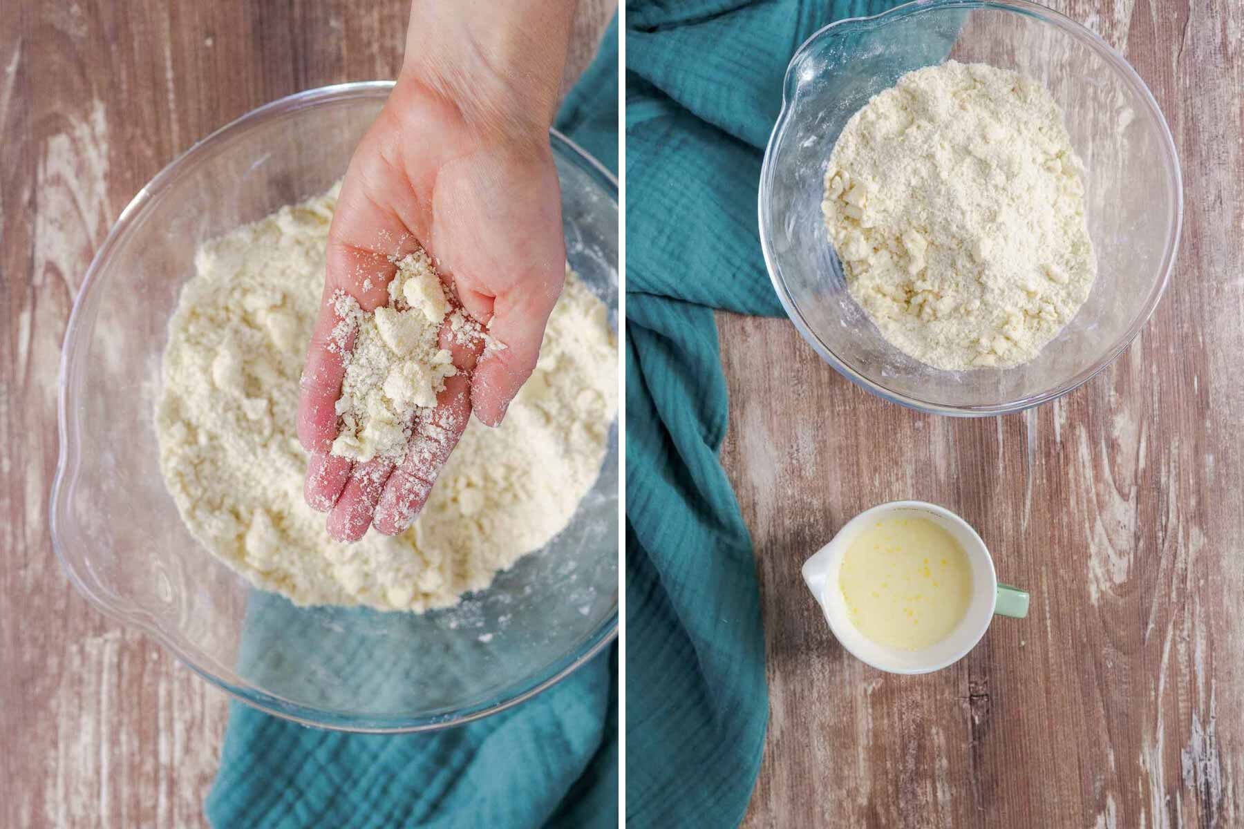 butter being mixed into to pea sized pieces.