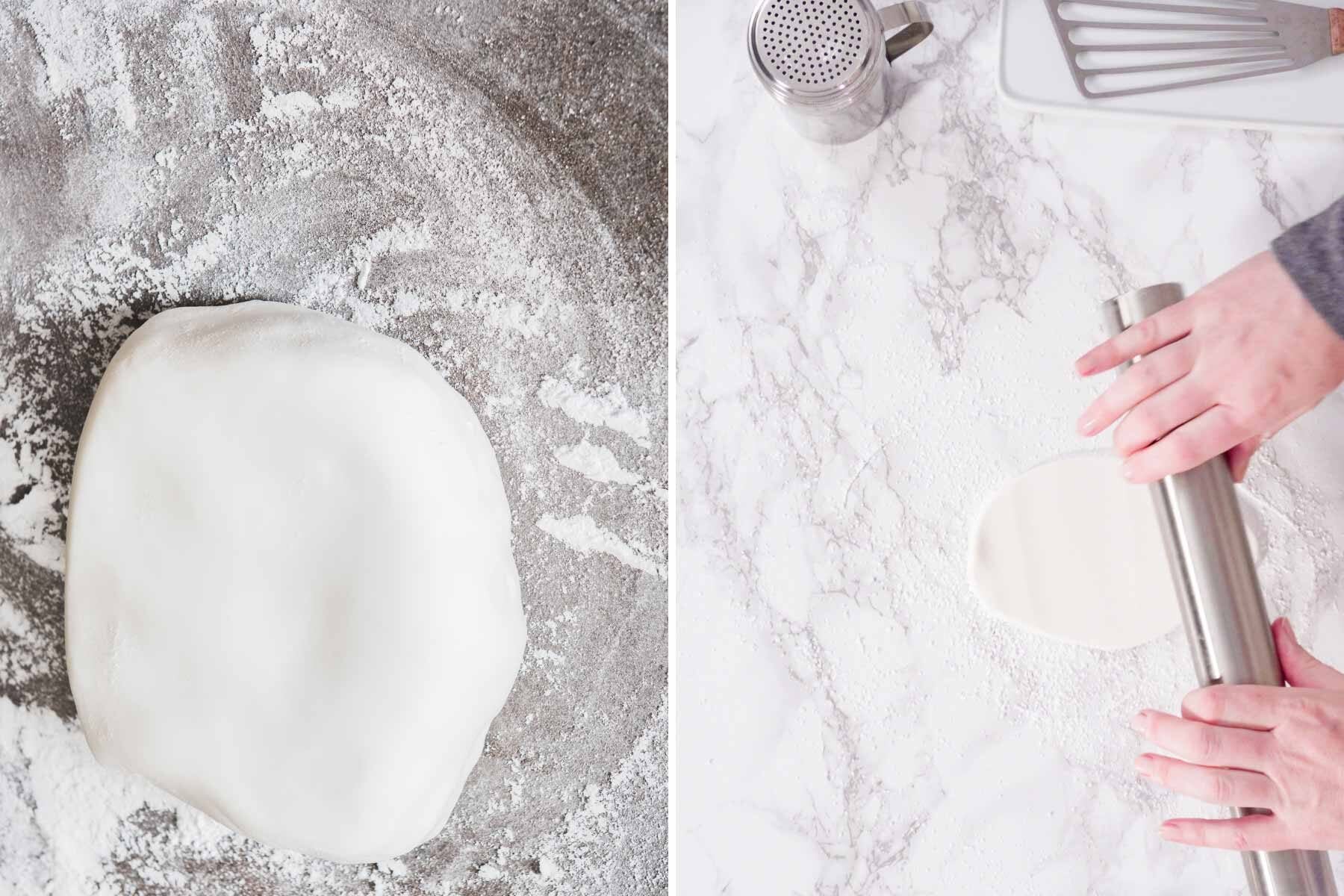 Left image: Flattened dough on a floured surface. Right image: Hands rolling dough with a rolling pin, perhaps preparing for holiday treats like peppermint creams, on a floured marble countertop.