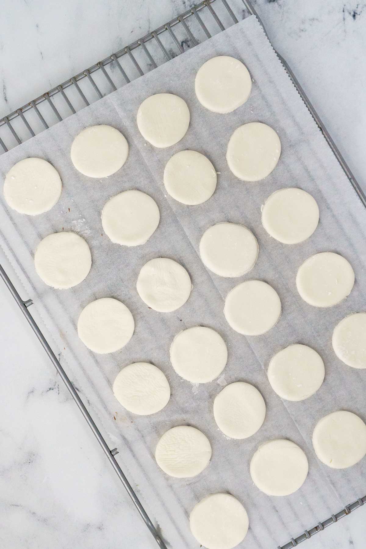 peppermint creams cut out on drying rack