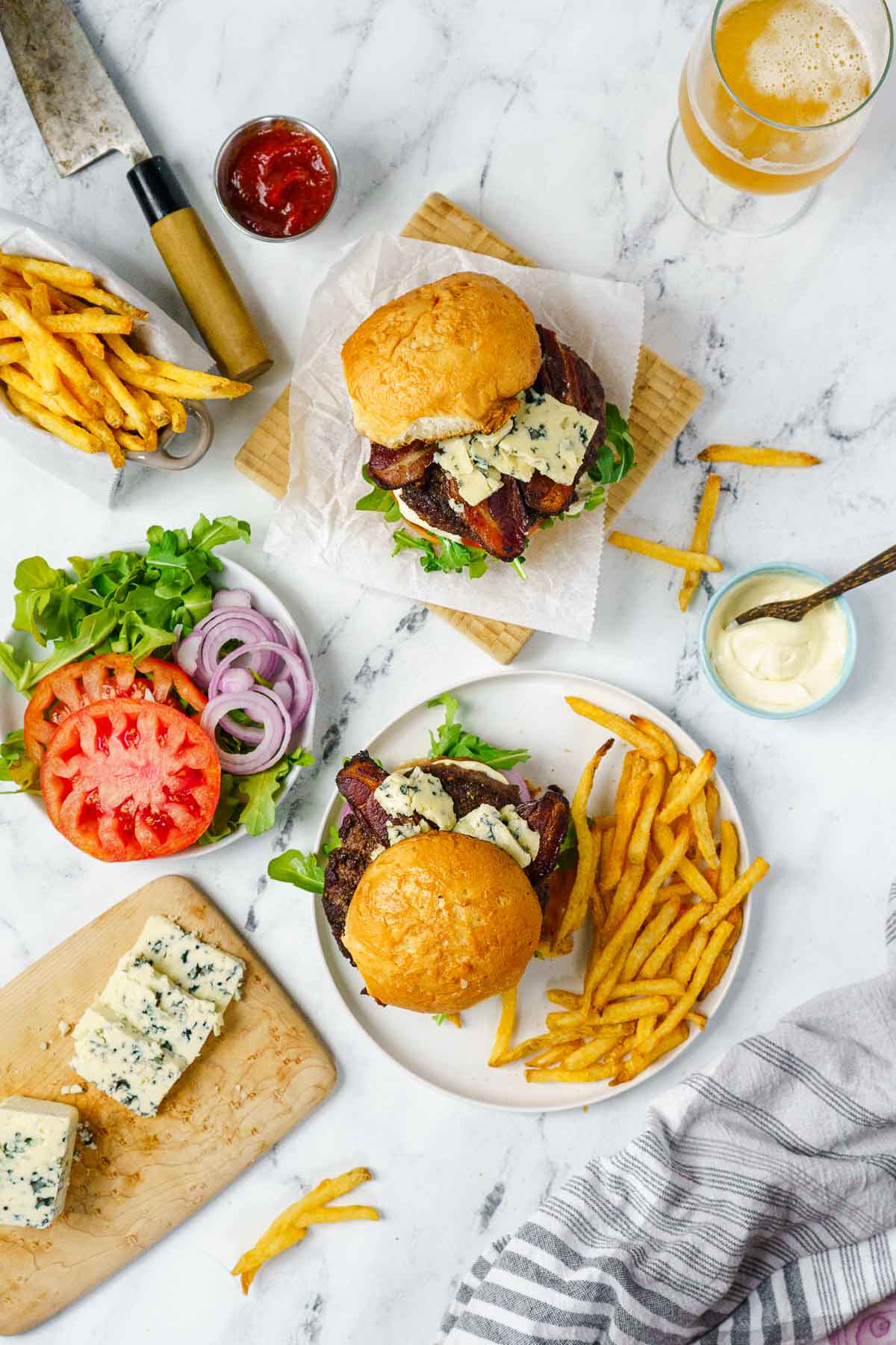 overhead shot of burger and fries