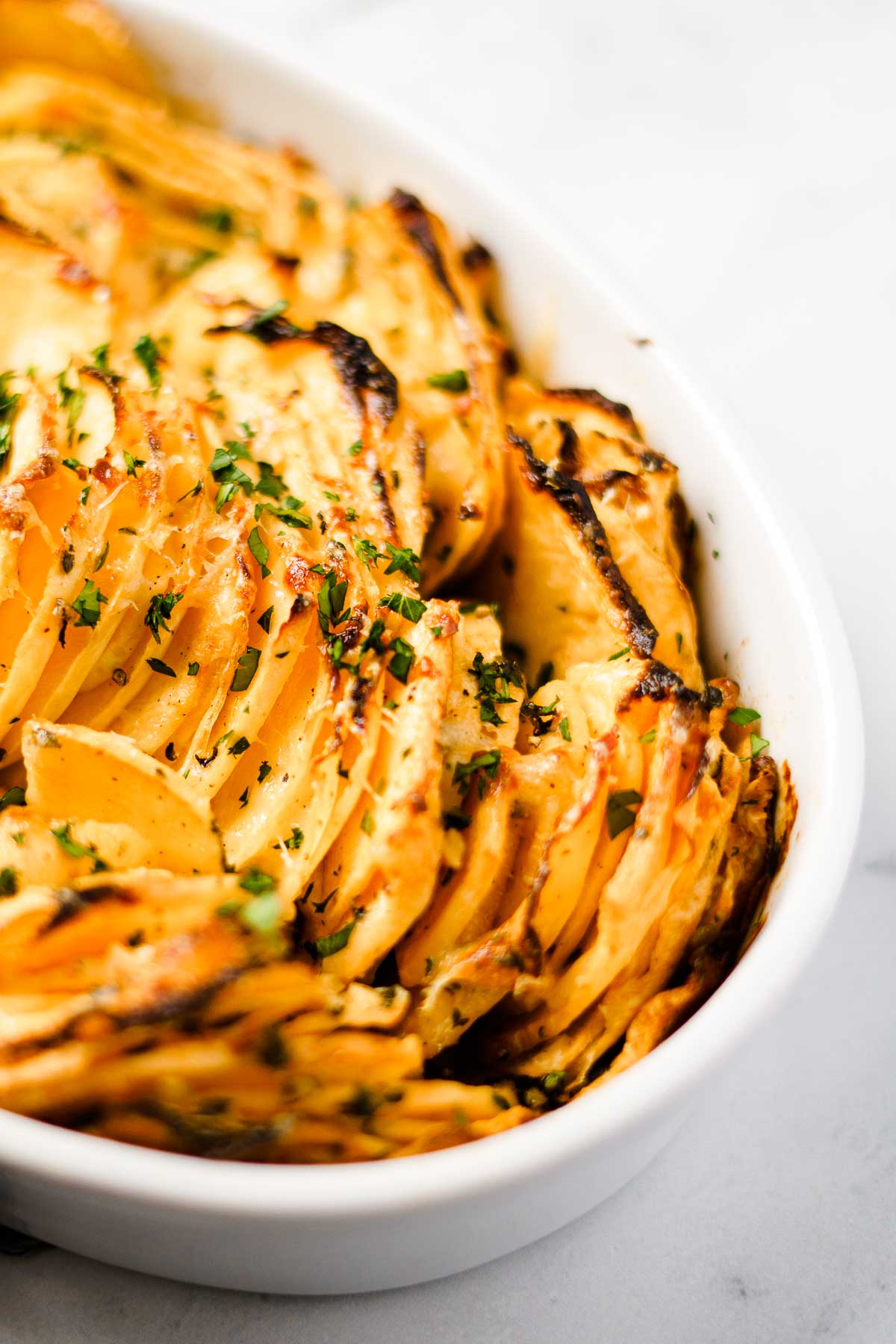 close up of rutabaga baked to a golden brown