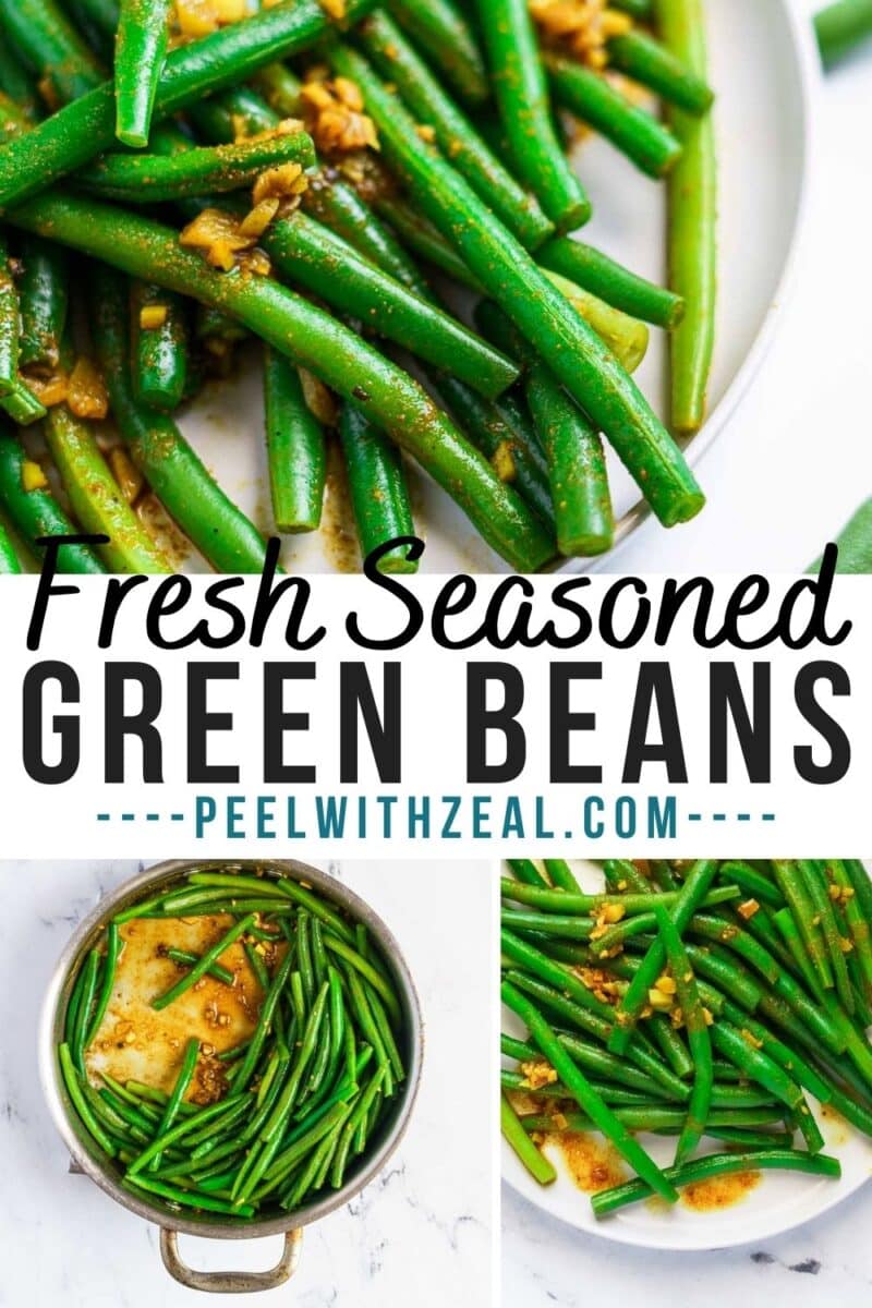 Freshly cooked curried green beans with garlic seasoning, shown in a skillet and a bowl. Recipe title and website name are displayed.