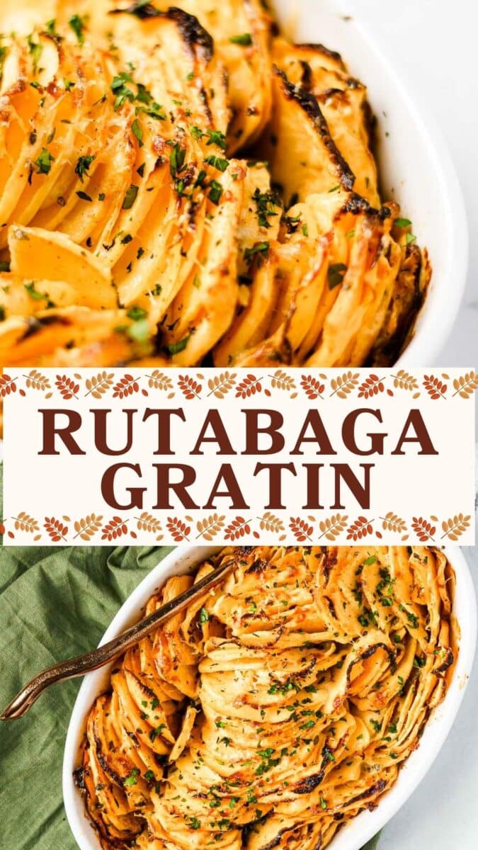 A baked rutabaga gratin in a white casserole dish, garnished with chopped herbs, features layers of thinly sliced baked rutabaga for a comforting and flavorful side.
