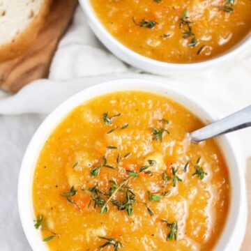 ttwo bowls of rutabaga soup with herbs