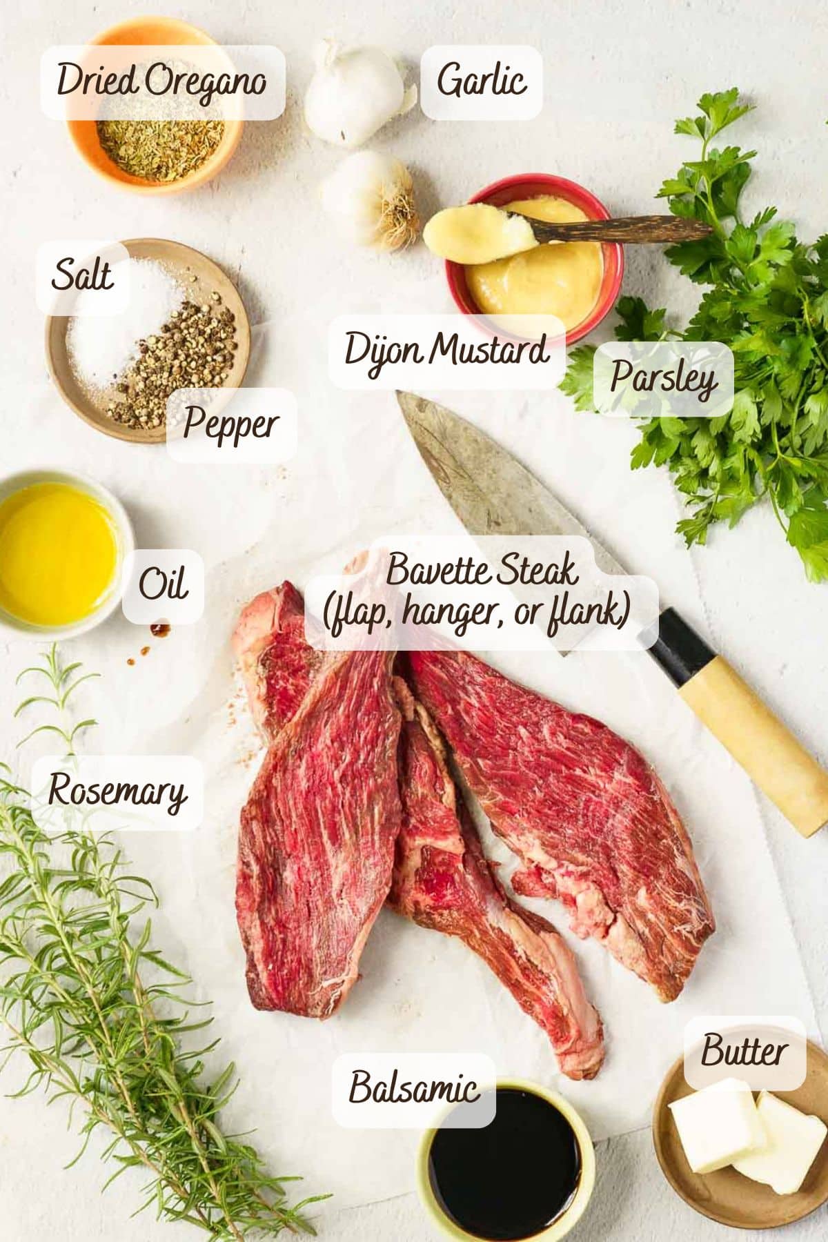 Overhead view of bavette steak surrounded by labeled ingredients: dried oregano, garlic, salt, pepper, Dijon mustard, parsley, oil, rosemary, balsamic vinegar, and butter-perfect for preparing a flavorful bavette steak dish.