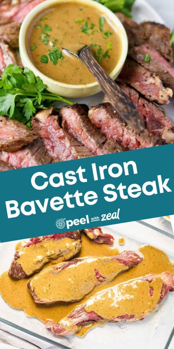 Sliced bavette steak served with a creamy sauce on the side, garnished with parsley.