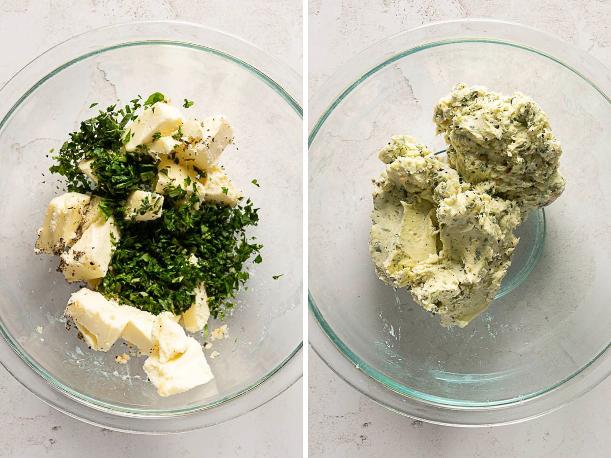 Two glass bowls: the left holds butter, herbs, garlic, salt, and pepper; the right reveals these ingredients blended into a smooth Herb and Garlic Compound Butter.