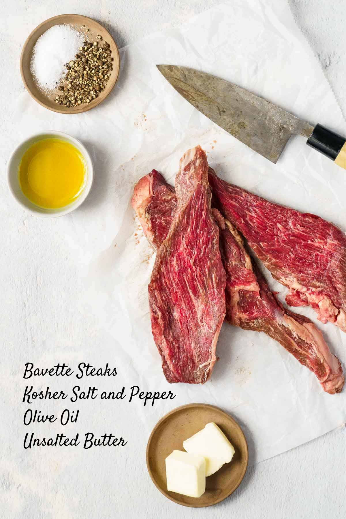bavette steaks and ingredients needed to cook on a counter
