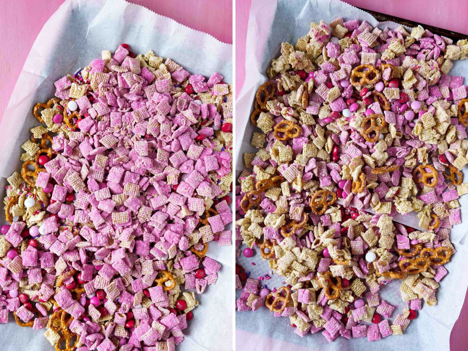 Two baking sheets burst with colorful Valentine puppy chow, featuring cereal squares, pretzels, and candy-coated chocolates, all harmoniously coated in a sweet pink glaze.