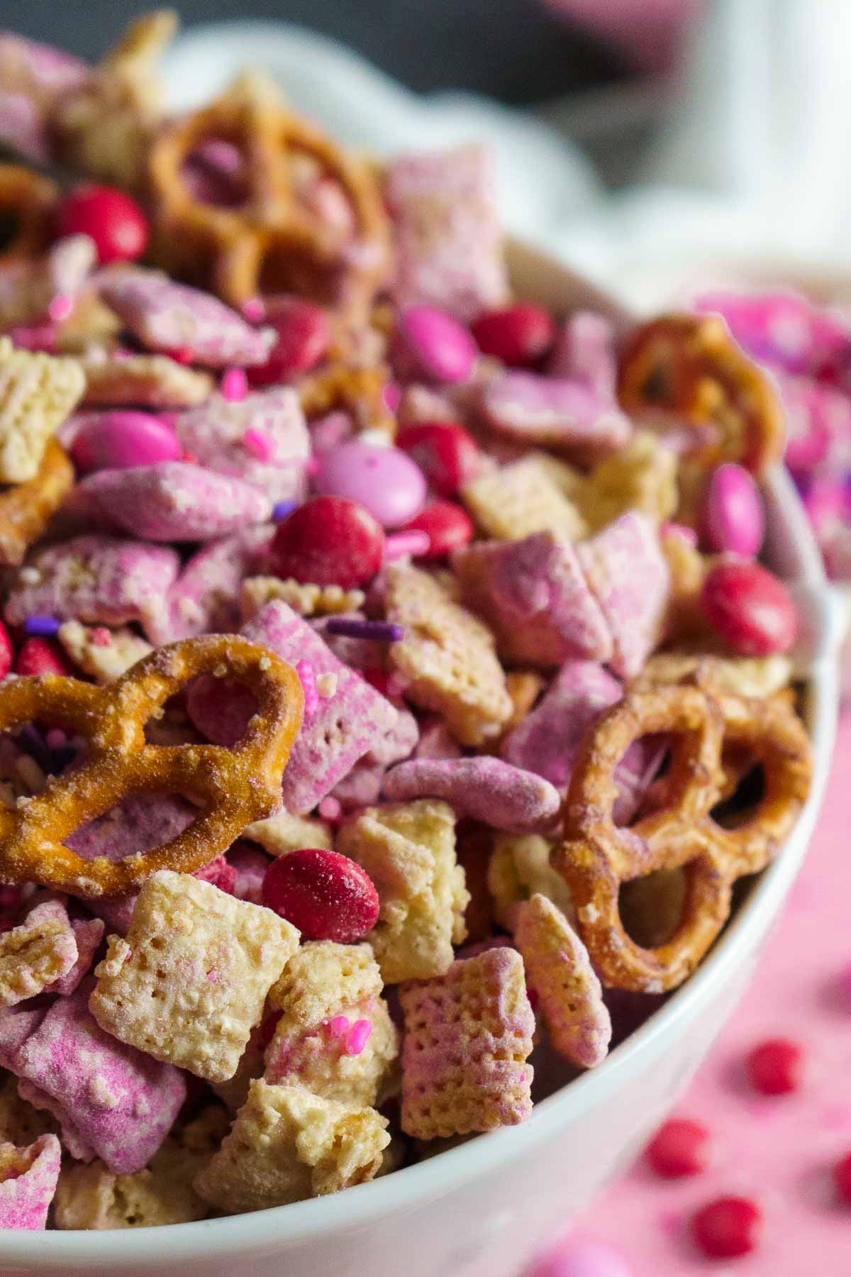 close up of the pink chex mix.