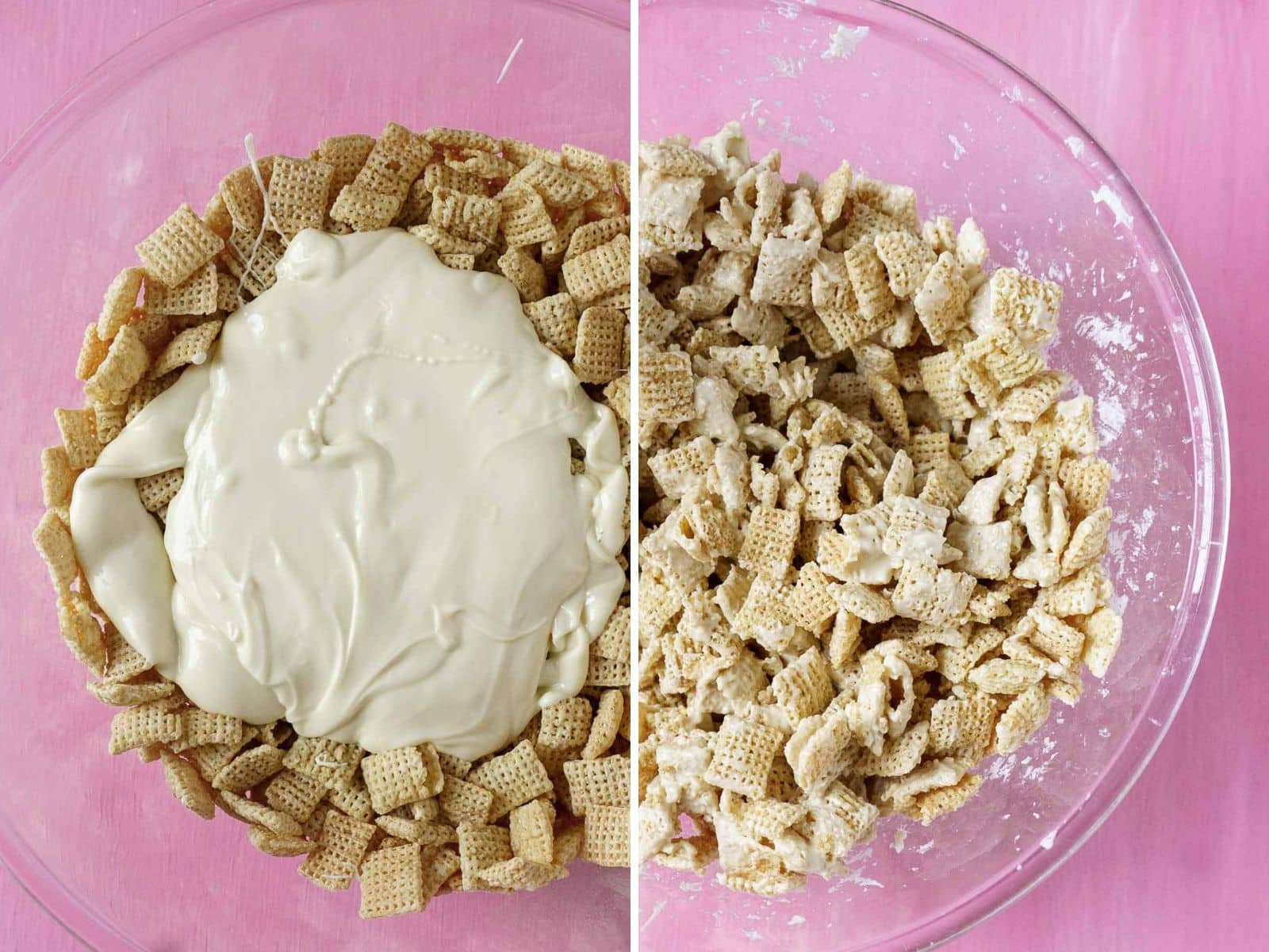 Two-part image of a bowl with Valentine puppy chow being mixed. Left: white cream poured over cereal mix. Right: cereal mix fully coated with cream, forming a delightful Valentine treat.