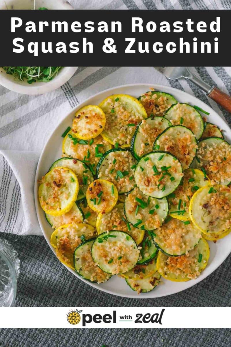 Parmesan Roasted Squash and Zucchini being served on a dinner plate.