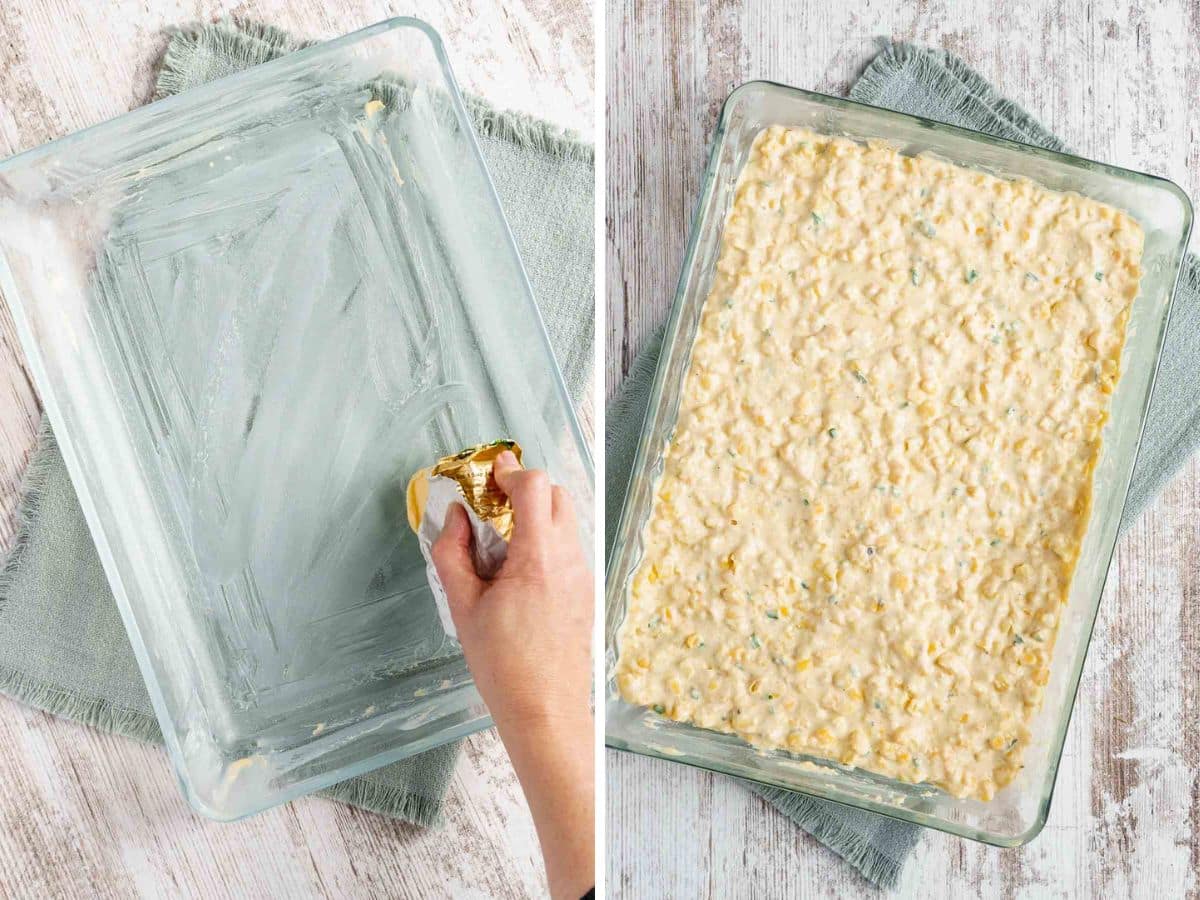 A person butters a glass dish and fills it with a creamy, gluten-free corn casserole mixture, all resting on a green cloth.