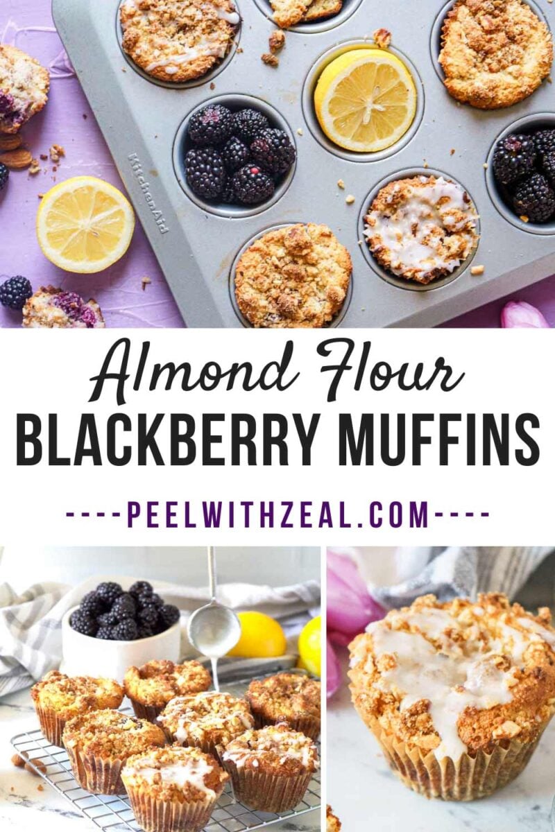 Almond flour muffins with blackberries in a tin.