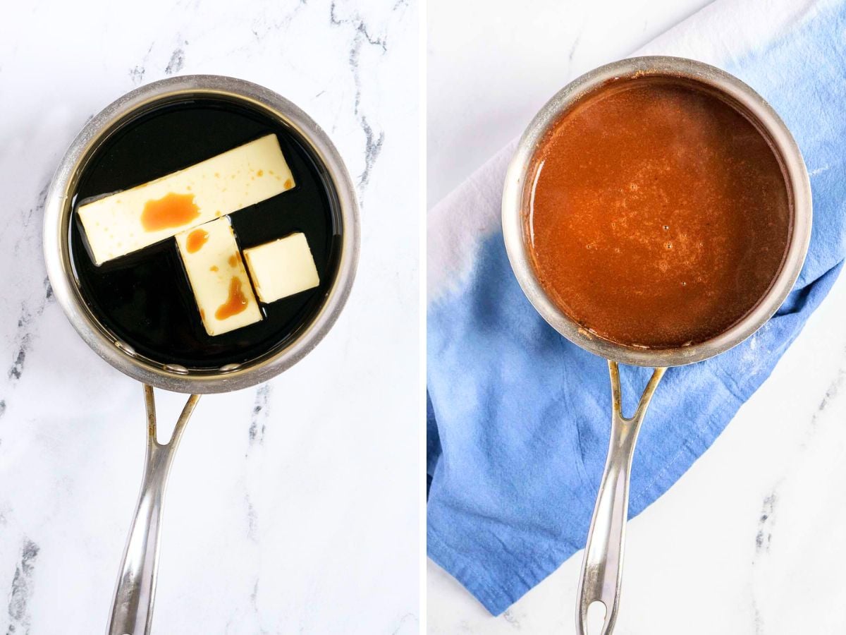 Two images side by side show a saucepan with butter, soy sauce, and brown liquid-ingredients for a gluten free dark chocolate cake-on the left, and the same saucepan with a smooth brown sauce on the right, resting on a blue and white towel.