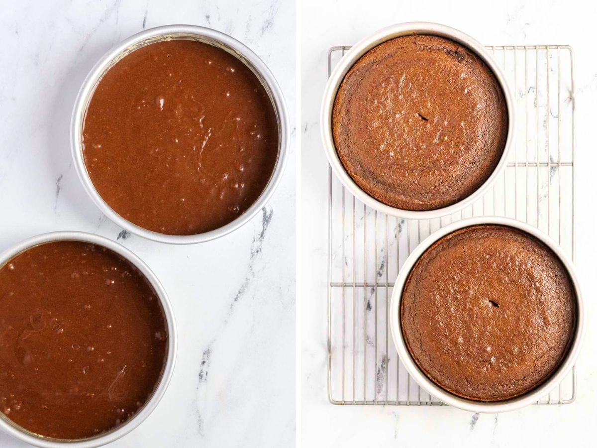 Side-by-side images showing two round cake pans with gluten free dark chocolate cake batter on the left, and two baked gluten free dark chocolate cakes in the same pans cooling on a wire rack on the right, all on a white surface.