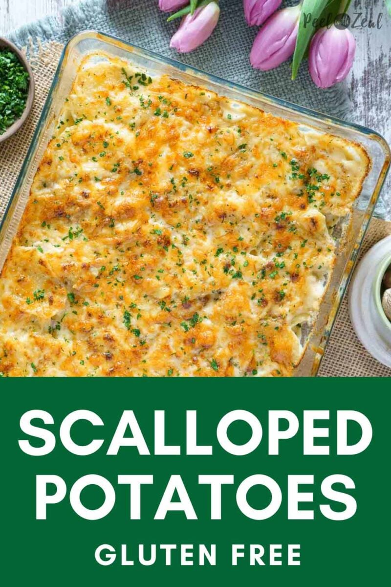 gluten free scalloped potatoes in a casserole dish.