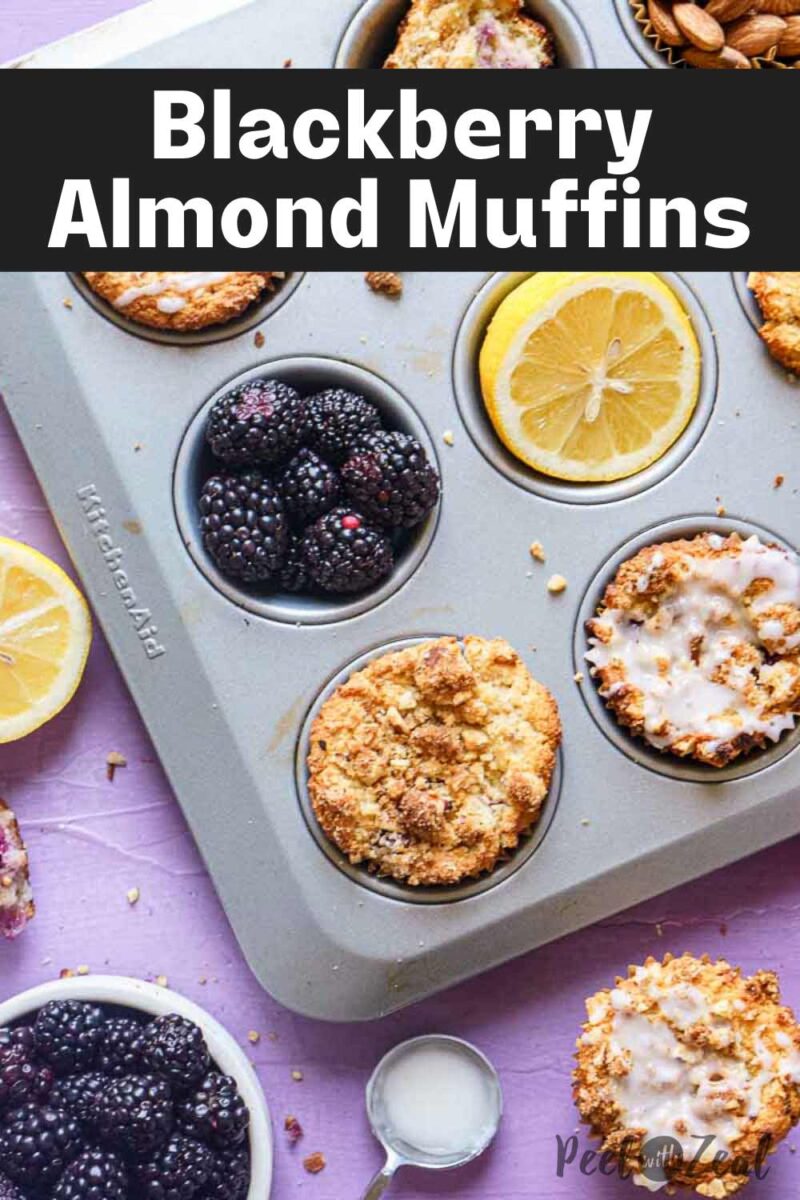 Almond flour muffins with blackberries in a tin.