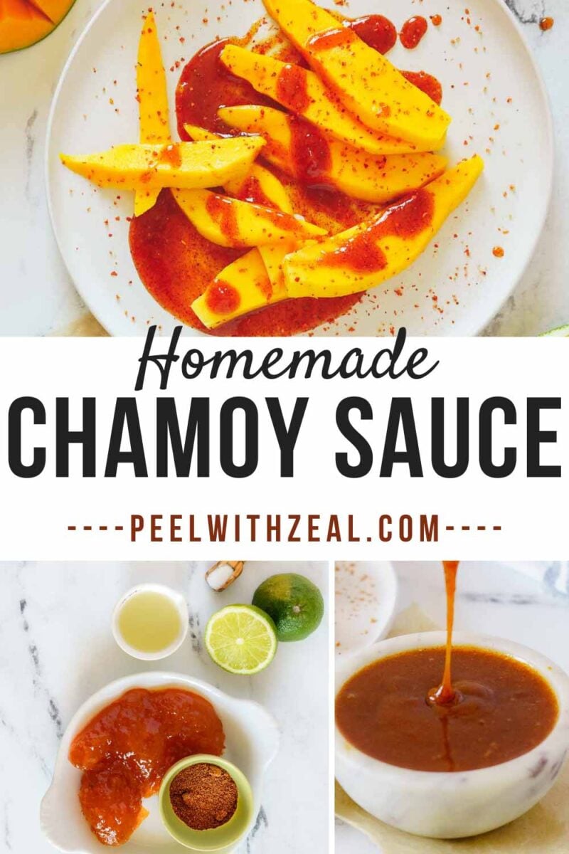 chamoy in bowl and mangos with chamoy on a plate.