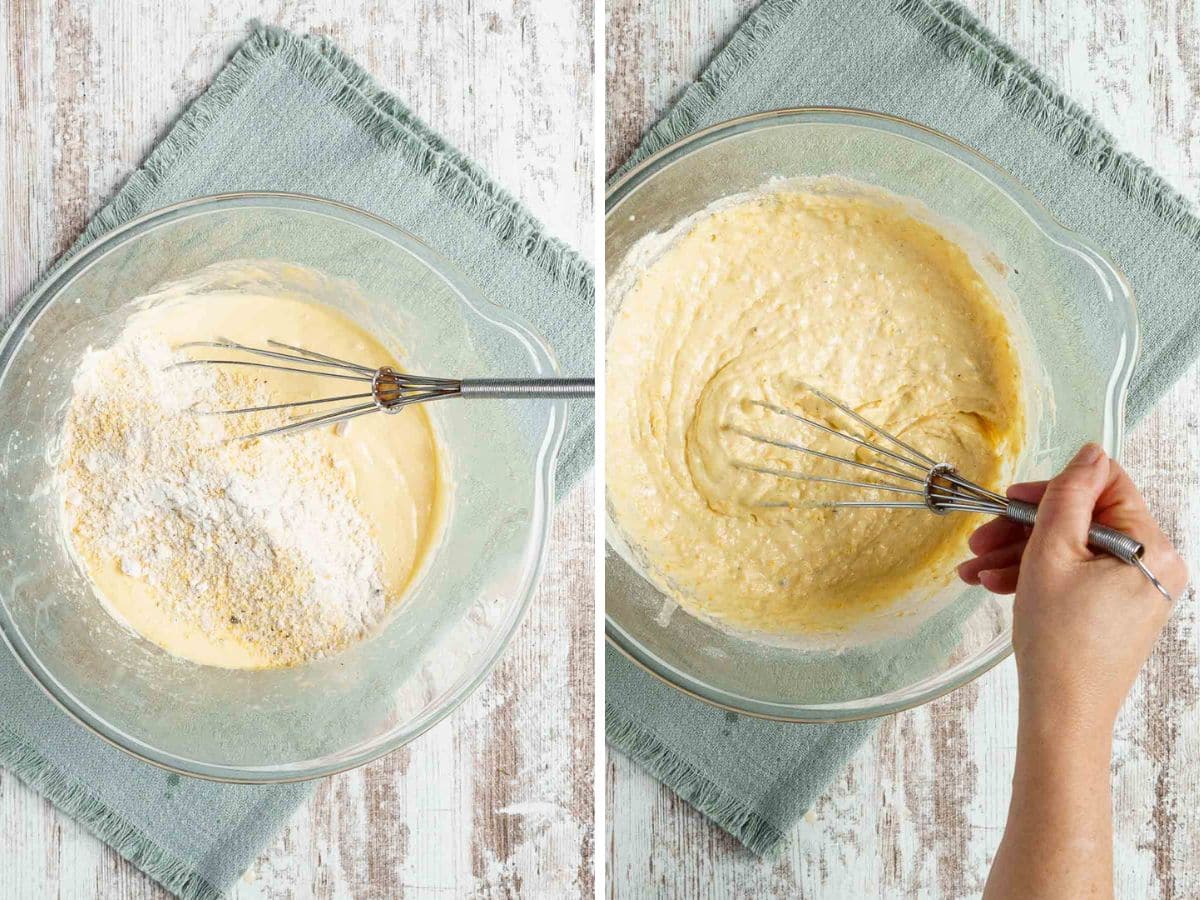Two images show a person whisking gluten-free corn casserole batter in a glass bowl atop a light green cloth.
