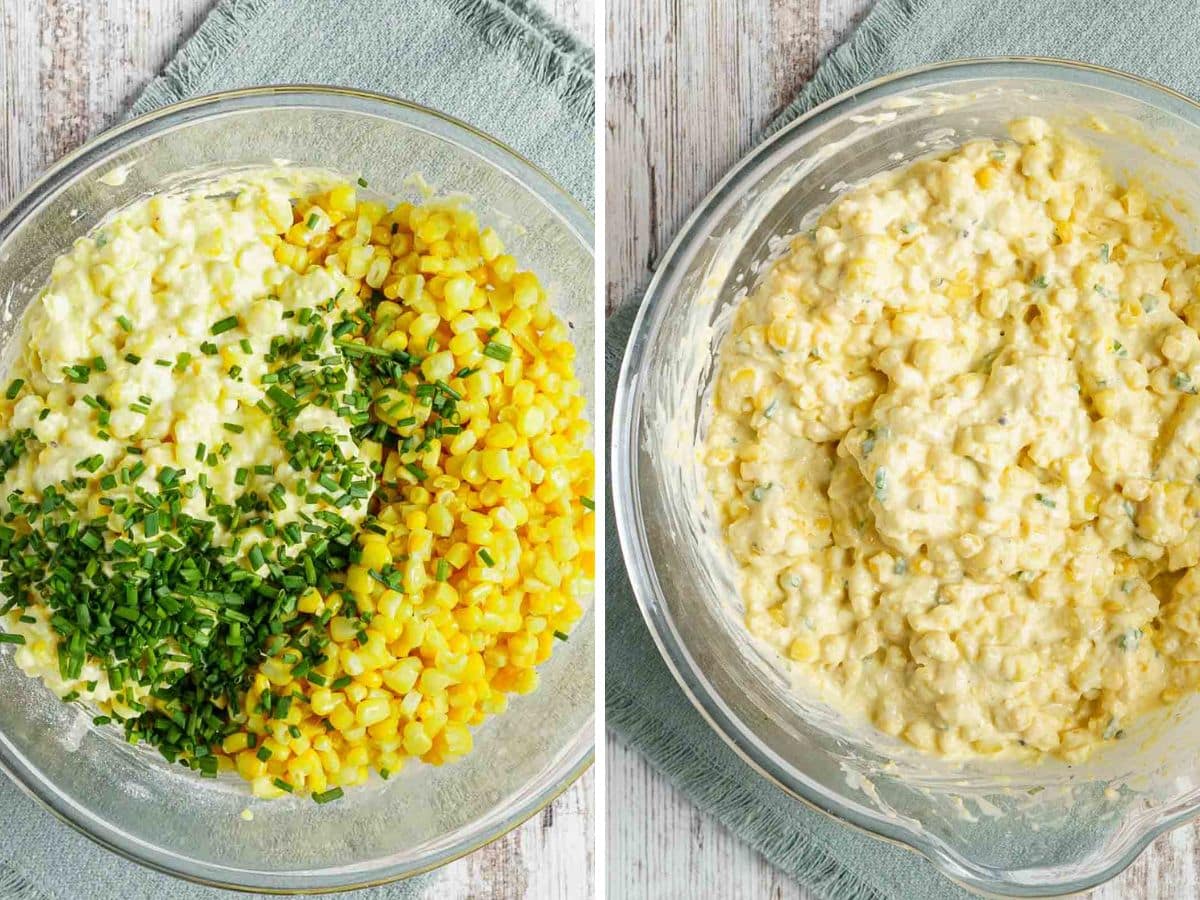 Left, a bowl with unblended ingredients awaits its transformation; right, a masterpiece of mixed corn dip gleams, each kernel proudly visible. This gluten-free dish echoes the comforts of corn casserole but offers a fresh twist in every vibrant scoop.