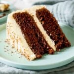 slice of chocolate cake with white frosting on a blue plate.