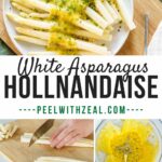 white asparagus on plate and hollandaise sauce.