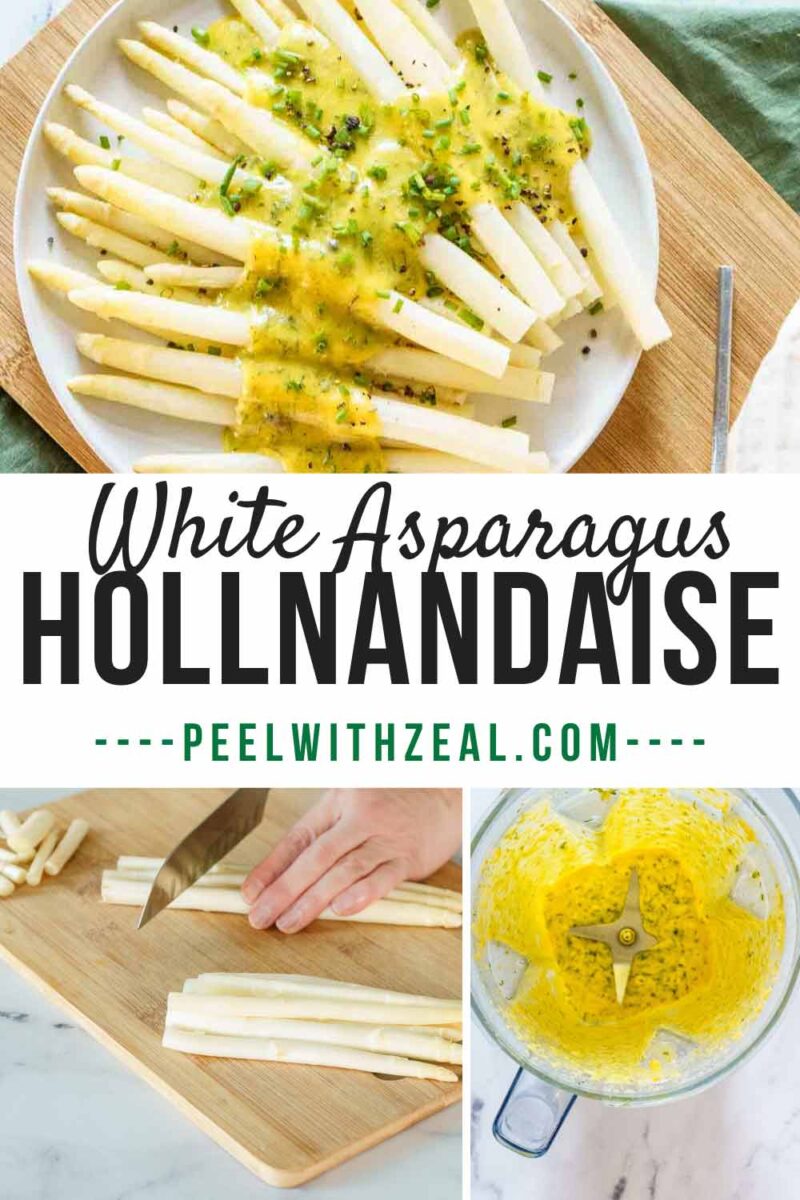 white asparagus on plate and hollandaise sauce.