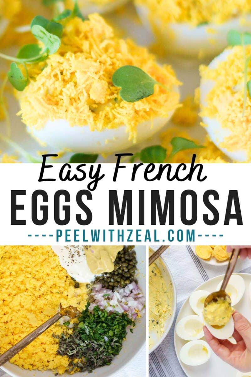 A plate of eggs mimosa garnished with a sprinkle of fresh herbs, featuring close-up images that capture the delicate chopped ingredients and the meticulous filling process of these classic eggs mimosa delights.
