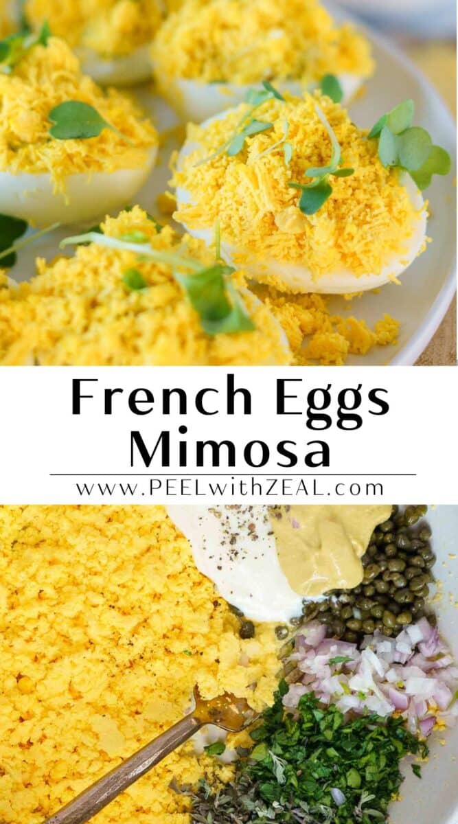 Close-up of Eggs Mimosa topped with herbs, featuring ingredients like mustard, capers, and onions elegantly displayed below.