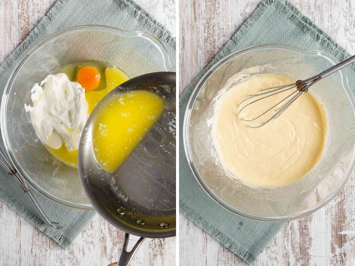 Adding cooled melted butter to wet ingredients. 